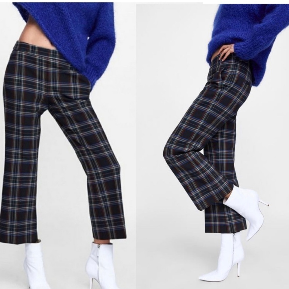 Zara plaid check flared cropped pants Sz 4
